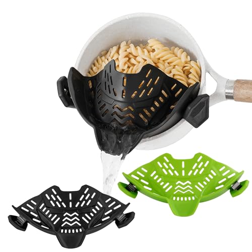 ASMEFY 2 Pcs Clip On Food Strainer, Silicone Strainer for Pasta Meat Vegetables Fruit, Colander for Pots, Pans, Bowl(Black,Green), Large