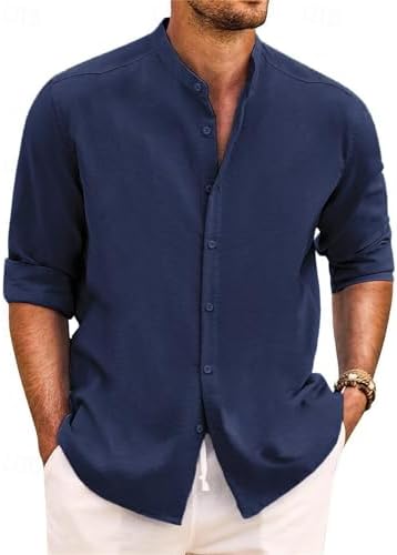 Yageshark Hemd Herren Leinenhemd Langarm Sommerhemd Button Down Stehkragen Hemden Freizeithemd Casual Regular Fit Strandhemd Leinen Shirt