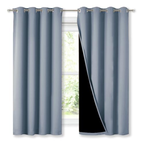 Image of NICETOWN 100% Blackout Curtains with Black Liners, Vintage Blue, 2 Panels, 52-inch W by 63-inch L, Thermal Insulated Full Blackout 2-Layer Lined Drapes, Energy Efficiency Window Draperies for Bedroom