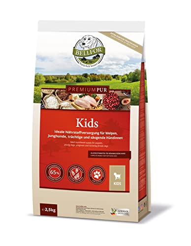 Crocchette per cani cuccioli senza glutine, cereali - PREMIUM PUR Kids di Bellfor - 2,5 kg. Cibo per cani per una crescita sana, con il 65% di carne e monoproteina. Cibo per femmine in gravidanza