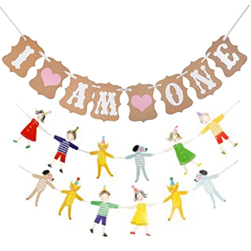 I AM ONE Banner & Kinder 1. Geburtstag Party Cartoon Holding Flag hand in hand Baby First Year Creative Decorative Banner Pink Cover
