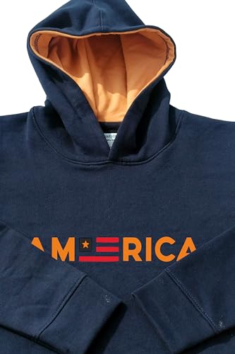 Image of Boys Hooded Sweatshirt, America Print, Cotton Blend, Long Sleeve, Navy Blue /Pink /Orange, Regular Fit