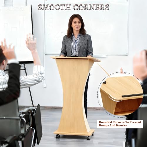 Image of Portable Wooden Podium Stand with Lockable Wheels, 42.5 inch Height Rolling Lectern for Churches, Lightweight White Pulpit, Perfect for Presentations & Events