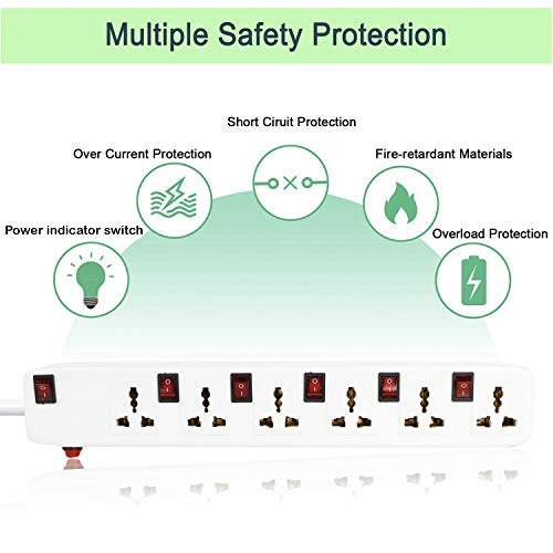 Image of FEDUS 13 Feet Long Extension Board Extension Box | Spike Guard 6 Socket 6 Switch Junction Box with Switch, Extension Cords Cord, Spike Buster, Extension Board with 4m Wire (6 Socket 6 Switch), White