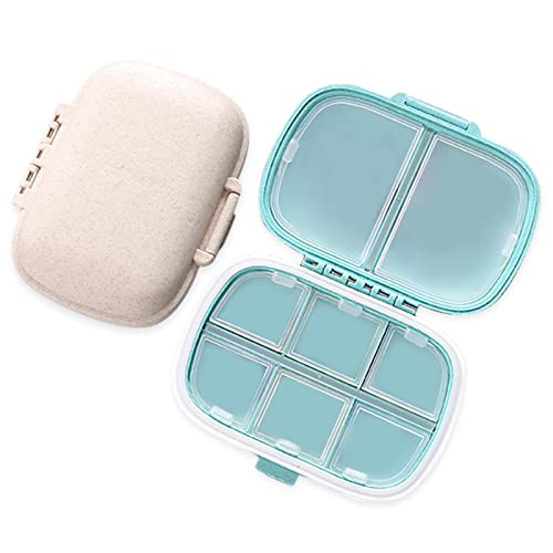 2pcs Pastillero Organizador Portátil, Pastillero Diario en 8 Compartimentos Pastillero Semanal Pequeño Blanco/Azul Material Paja de Trigo Caja Medicamentos para Uso Diario/Semanal en Viaje Bolsillo Cover