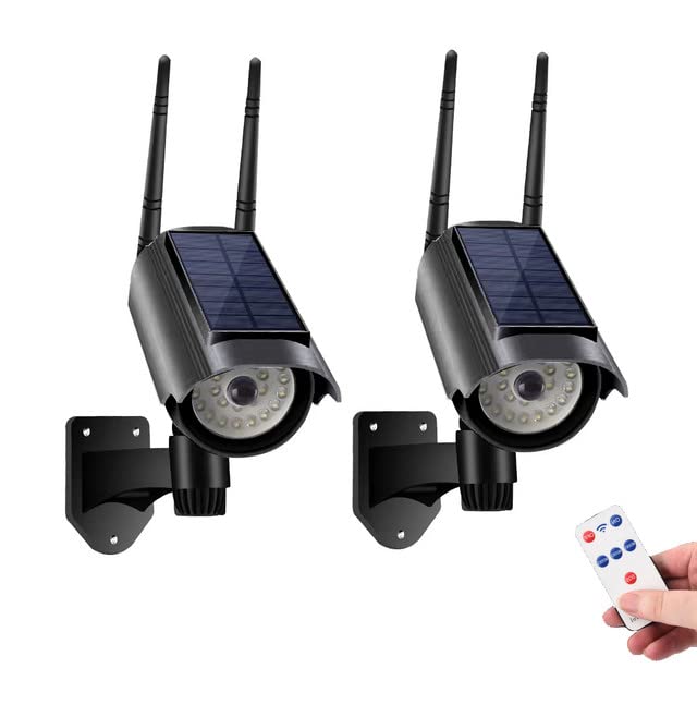 Fake Security Camera Powered by Solar Battery, Motion-Activated Floodlights, Realistic Look, Easy to Install, IP66 Waterproof, Warning Sticker Included, Pack of 2(Black)