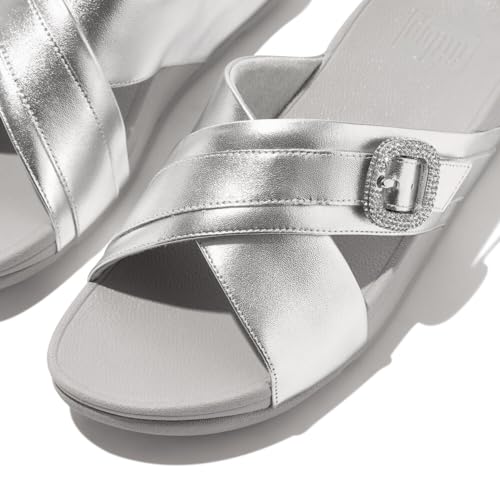Image of FitFlop Women's Lulu Crystal-Buckle Leather Cross Slide Sandal