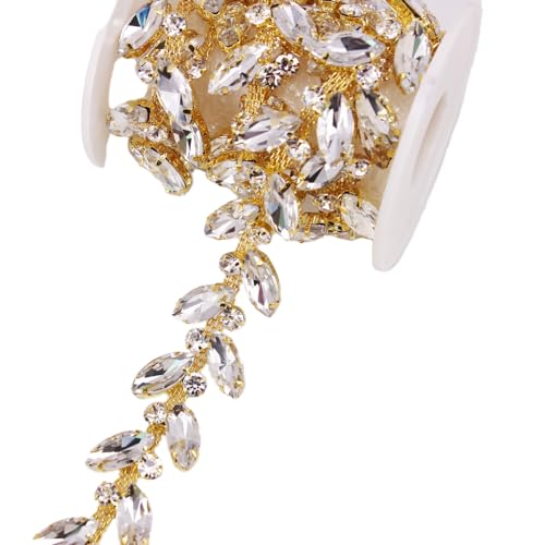 Phicmanlo 1 Yard AB Rhinestone Close Chain Trimming Applique for Sewing Craft, Jewelry Making, DIY Crafts Wedding Party Embellishments (Gold)