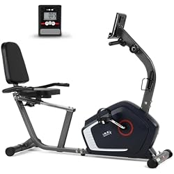 Bicicleta Estatica Con Potenciometro ISE Bicicleta estática semialargada con freno magnético, 8 niveles de resistencia ajustables, sensores de implicación y pantalla LCD, ruedas de transporte, máximo 120 kg,SY-6906