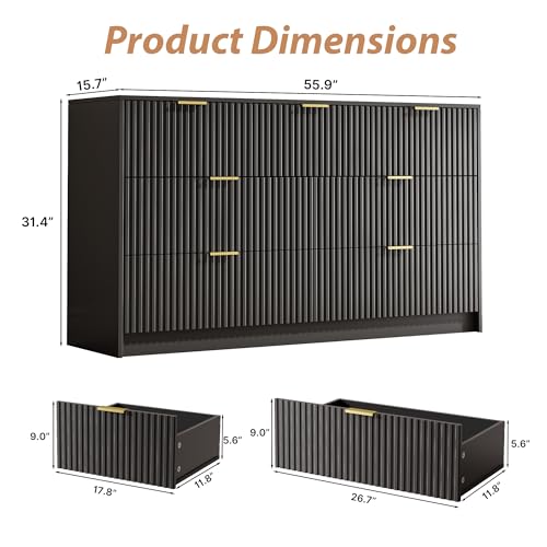 Image of MAISONARIA Black 7 Drawer Dresser for Bedroom, 55.9 inch Wide Modern Fluted Dresser with Gold Metal Handles, Wide Chest of Drawers for Bedroom, Living Room, Entryway, Hallway