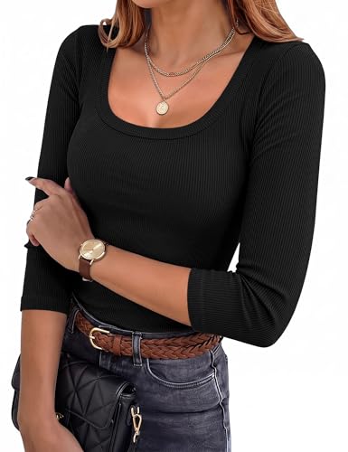 Aottori T-Shirt Damen 3/4 Arm Eckiger Ausschnitt Oberteile Elegant Gerippt Basic Tee Shirts Slim Fit Rippshirt Stretch Casual Tops Sexy Einfarbig Schwarz L
