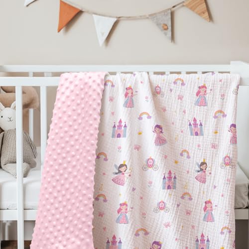 Image of SANDJEST Princess Minky Muslin & Dotted Blanket 30x40 in Gift for Holiday, Gender Reveal Party, Hospital Visit, Baptism