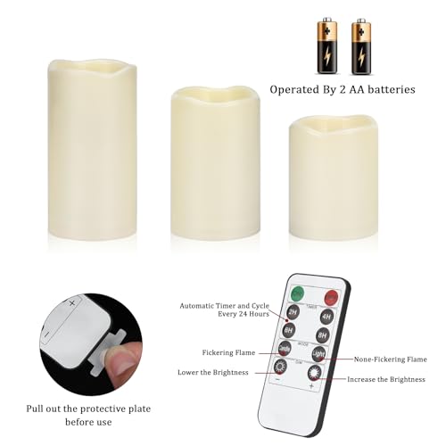 Artmarry Flameless Candles 4 Inch 5 Inch 6 Inch Set Of 3 Ivory Outdoor Indoor Pillars 3 Inch Diameter Battery Operated Flickering Candles Include 10-Key Remote Timer Function 400+ Hours By 2 Aa Batteries thumb #3