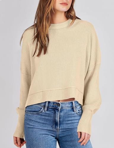 Image of Womens Cropped Pullover Sweater Polka Dot Chunky Knit Sweater Floral Printed Crewneck Long Sleeve Fall Winter Outfits