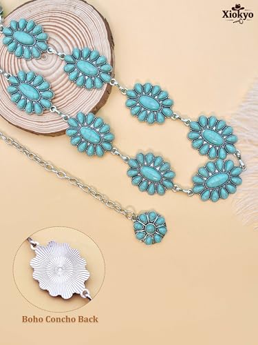 Image of Turquoise Belt Silver Western Chain Belt, Cowgirl Concho Style with Turquoises Embellishment for Women