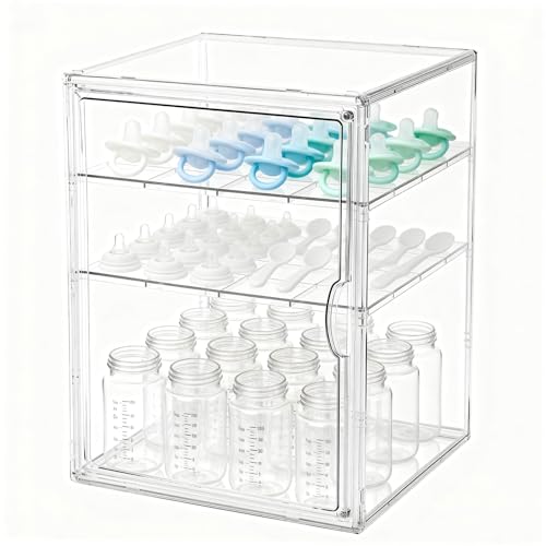 Image of Baby Bottle Organizer, 3 Tiers Acrylic Bottle Storage Organizer Container, Clear Plastic Bottle Station Organizer with 2 Adjustable Dividers for Kitchen Countertop, Bathroom, Cabinet, Vanity