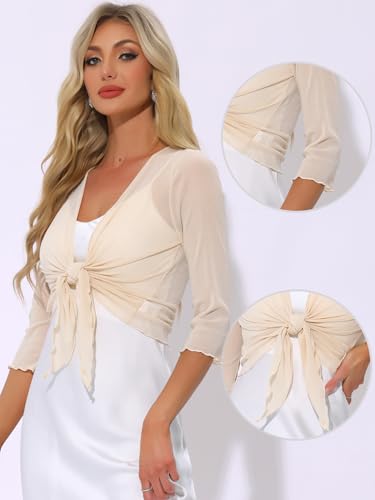 Allegra K Bolero Shrug for Women's Tie Front 3/4 Sleeve Glitter Cropped Sheer Mesh Shrugs2
