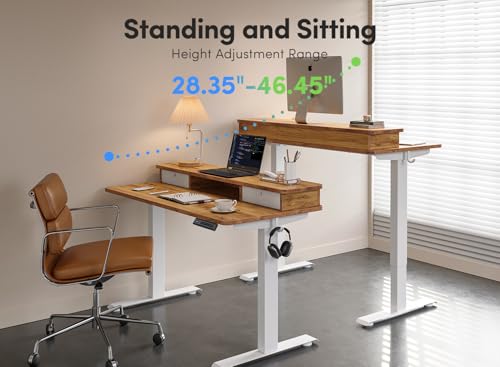 Image of FEZIBO 55 x 24 Inch Height Adjustable Electric Standing Desk with Double Drawer, Computer Desk, Home Office Stand Up Table with 4 Height-Adjustable Feets & 2 Hooks, Light Rustic