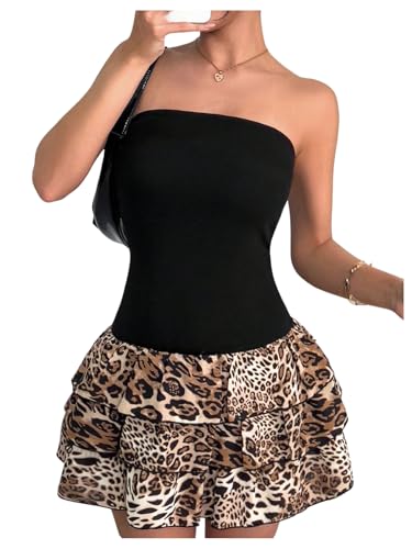 Verdusa Girl's Y2K Leopard Tiered Layered Ruffle Dress Strapless Backless Short Dresses