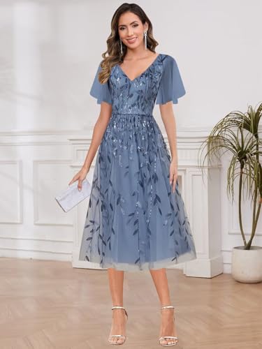 Tea Length Sequin Mother of The Bride Dresses for Women 2025 Short Sleeves A-Line Formal Evening Dress3