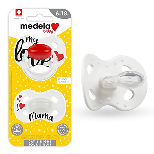 Image of Medela Baby Pacifier | Day and Night Glow in The Dark | 6-18 Months | 2-Count, Lightweight | BPA-Free | Supports Natural Suckling | My Love and I Love Mama