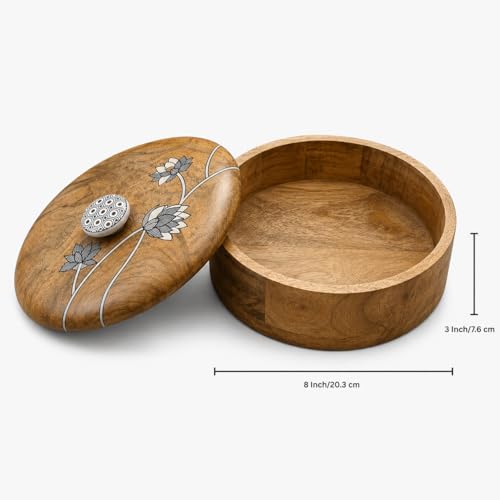 Image of Artysta 'Blooming Lotus' Wooden Chapati Box | Wooden Casserole For Roti | Chapati Box For Kitchen | Roti Box with Lid | Housewarming Gifts | Handpainted Roti Box | Mango Wood 8inch, 1080ml