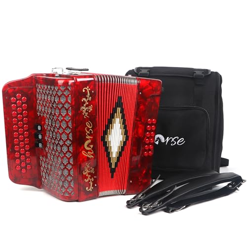 34 Key Diatonic Accordion 12 Bass 3-Row Diatonic Accordion Instruments for Adults with Suitcase and Straps (Red GCF Key)
