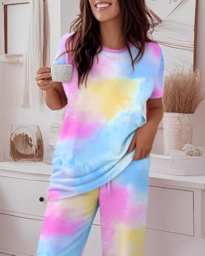 Image of CHICME Womens Pajamas Sets 2 Piece Short Sleeve Lounge Set Printed Loose Pants Pj Sets Loungewear Set