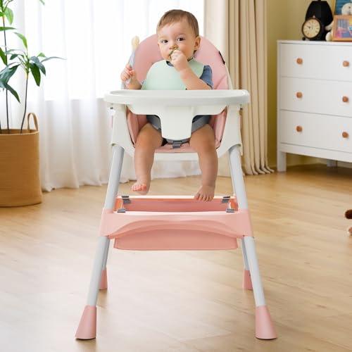 Image of HARPPA 6-in-1 Convertible Baby High Chair for Toddlers, Foldable Highchair with Removable Tray for Eating & Playing, Adjustable 5-Point Safety Harness, Toddler High Chair with PU Cushion, Pink