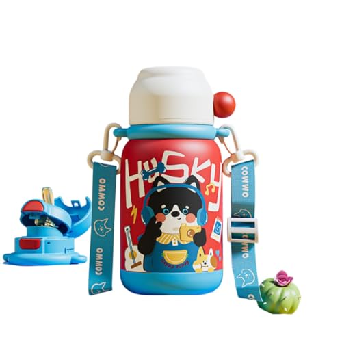 LPYROSE 子供用 水筒 500ml 保温保冷 3WAY飲み口 サーモス技術 女の子 男の子 ショルダーベルト付き 食洗機対応 (青いリスニング子犬)