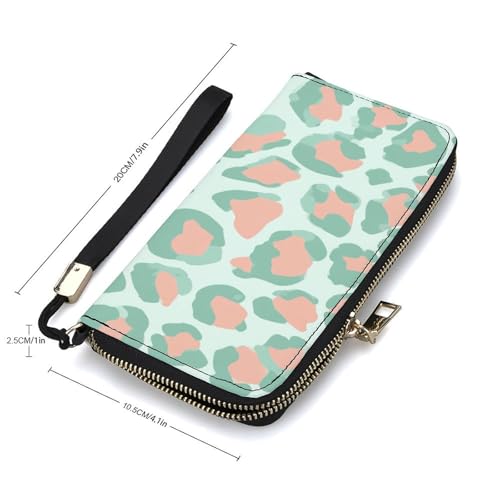 Pastel Mint Green Leopard Print Peach PU Leather Clutch Long Bifold Wallet, Coin Purse Credit Pass Case, Durable Card-Holder Money Storage for Women Men2