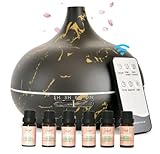 Humidificador de Aceites Esenciales 550ml Mármol Negro | Set Juego 6 Aceites Esenciales Puro Vegano 100% Natural | Difusor Aromas | 7 Luces LED | Oficina Casa (Negro y Oro)