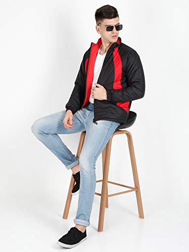 Image of VROJASS Men VROJASS Jackets for Men Stylish Puffer Winter Jacket For Men Standard Length Jacket Man Full Sleeves Bomber Jackets for Man Black With Red Solid Jacket