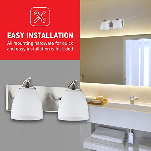 OSTWIN 2-Light Bath Bar Light Up or Down, Interior Bathroom Vanity Wall Lighting Fixture VF42, 2x60 Watt E26 Socket, Satin Nickel Finish with Opal Oval Cone Glass Shade, UL Listed - Thumbnail 7