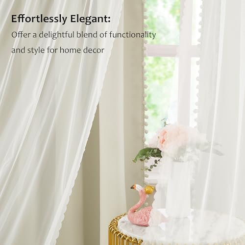 Image of Pom-Pom Blackout Curtains with Sheer Overlay for Bedroom 84 inchL Ivory Mix and Match Double Layer Blackout Curtains for Living Room Nursery Kid's Room Drapes with Tiebacks Rod Pocket 52 inch W x2 Natural