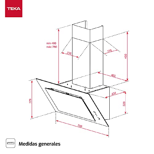 TEKA Campana Extractora de Pared 70 cm, Motor Doble EcoPower, Aspiración Perimetral, 3+1 Velocidades Fresh Air Aspiración 98m3 Ruido 61dB 2 LED DVT 78660 TBS - imagen 9