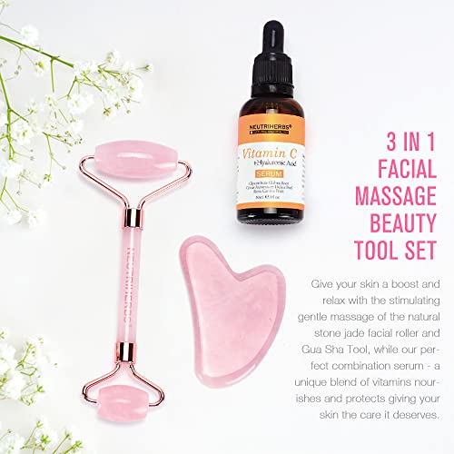 NEUTRIHERBS Jade Gua Sha & Face Roller & Vitamin C Serum Facial Tool Set(3 in 1 Kit), Home Face Massager for Wrinkle,Fine Line,Puffiness,Firm Smooth Relax Skin -- Pink - Image 3
