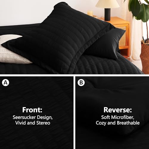 image for CozyLux Queen Seersucker Comforter Set with Black Bed in a Bag 7-Piece