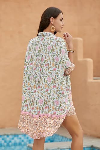 Women's Boho 2 Piece Outfit Floral Open Front Tropical Tunic Blouse and Shorts Set4