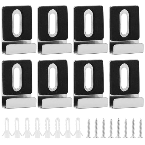 Image of 8pcs Metal Mirror Holder Kit with Screws, Rubber Pads, Hooks and Brackets - Heavy Duty Mirror Hanger for Frameless Wall, Tile, Billboard Display (Silver)