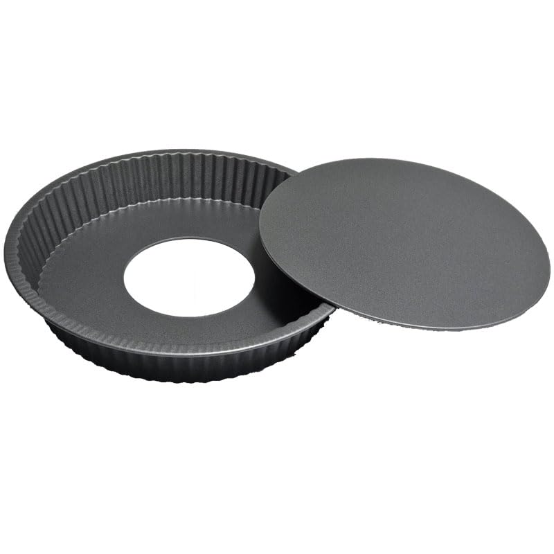 Quiche Pan 24cm, Non-Stick Tart Tin With Loose Base for Baking Flans, Fluted Round Tart Pan, Pie Dish, Carbon Steel, Dark Grey