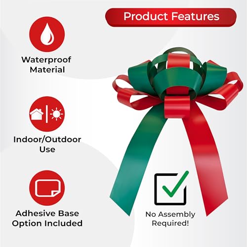 Image of CarBowz Big Car Bow for Car Decorations and Birthday Car Gifts, Large Bow Ribbon, Magnet, Car Safe Sticker Included, Fully Assembled 30 inch Wide Huge Bow, No Suction Cup Needed (Red /Green)