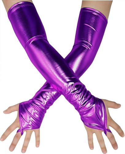 Chendvol Men's and Women's Shiny Metallic Fashion Fingerless Gloves Long Elastic Costume Gloves (Purple)