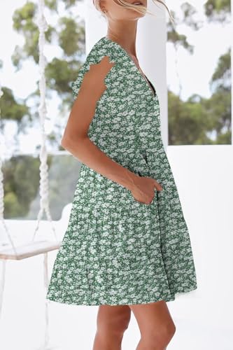 Image of nclook Womens Summer Casual Dresses Sweet Cute V Neck Mini Dress with Pockets Ruffle Short Sleeve