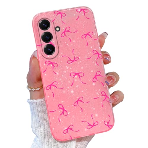Coque Galaxy S25 FE rose souple avec un motif de nœud mignon à paillettes