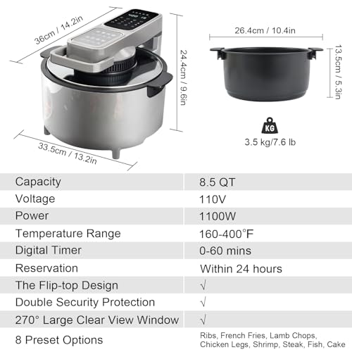 Image of OKF Air Fryer, 8.5 Quart Large Capacity Airfryer Family Size, 270 Large Clear View Window Air Fryers, Easy to Clean Nonstick Basket, Double Security Protection, 160-400F, 1100W, Less Oil, Grey