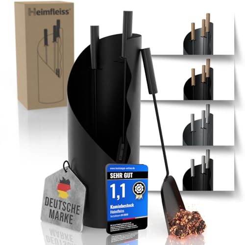 Heimfleiss® Kaminbesteck Schwarz Modern | Ofenbesteck Kaminbesteck mit schwarzen Edelstahl Griffen | Kaminzubehör Set | Kaminset aus Schürhaken & Kehrset | Kaminofen Besteck | Kamingarnitur für Ofen