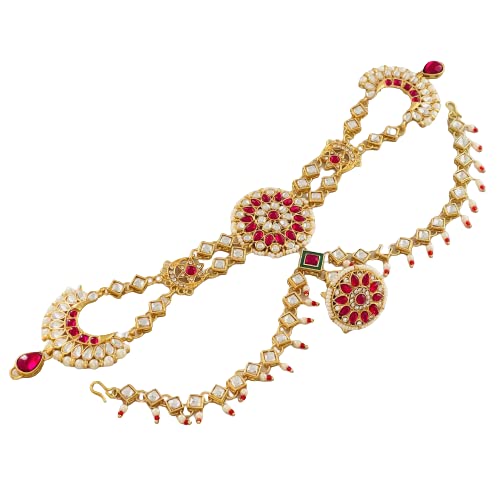 Sattyaki Gold-Plated Traditional Dulhan Bridal Multilayer Sheeshphool Rajasthani Matha Patti with Borla in Kundan Polki for Women and Girls (Ruby Red) (B09KV4QZCN) Amazon Price History, Amazon Price Tracker