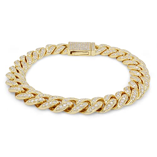 SAVEARTH DIAMONDS Round Lab Created Moissanite 10MM Width Men's Cuban Chain Bracelet In 14k Gold Plated Sterling Silver (VVS1 Clarity, 2.70 Ct To 3.00 Ct), Gift For Him