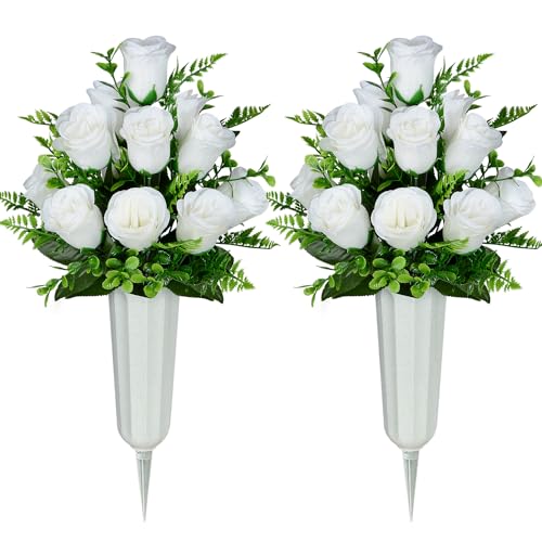 Artificial Cemetery Flowers, Set of 2 Artificial Rose Bouquet Grave Memorial Flowers with Vase for Cemetery Headstones Decoration (White) image 4